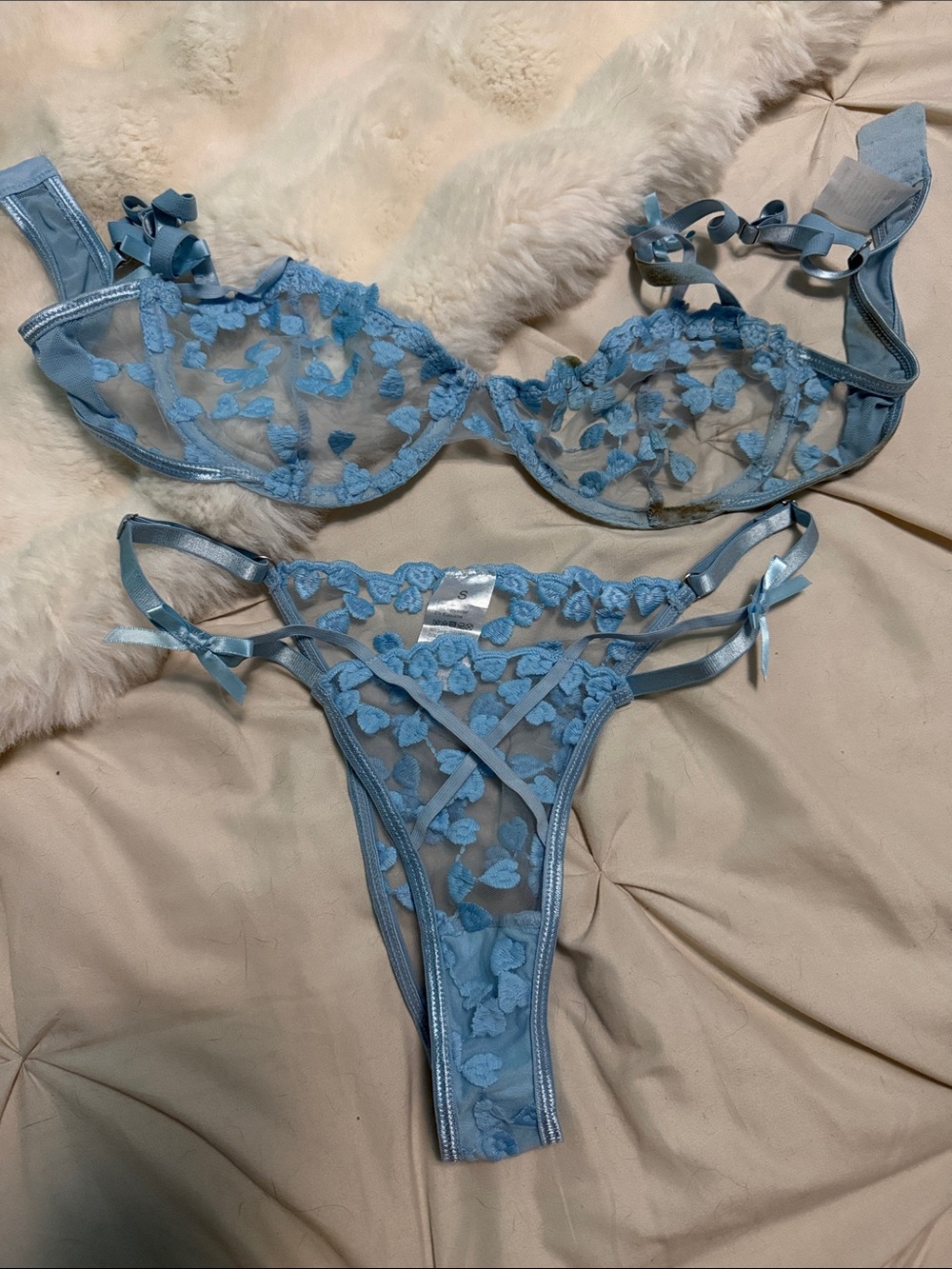 Sheer Floral Embroidered Lace Bra & Thong Set - Light Blue